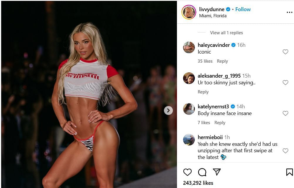 Haley Cavinder hypes Livvy Dunne SI Swimsuit runway debut IG post. Image via @livvydunne